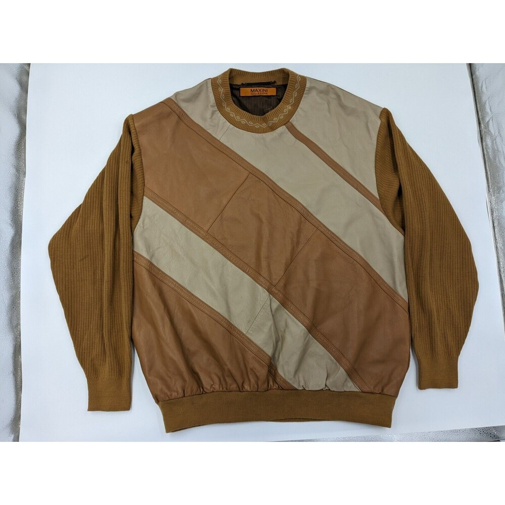 Maxini Collezione Mens Sweater Patchwork Leather Brown Tan Men's‎ Size XXL 1980s